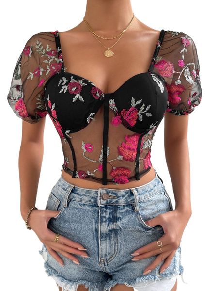 

f.loral e.mbroidery p.uff s.leeve bustier c.rop .esh t.op a6bq#, White