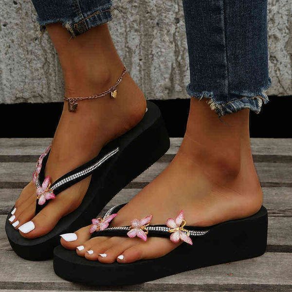 

slipper wedge crystal shoe summer sandal 2022 new rome high heel platform butterfly ladie beach slide 220622, Black