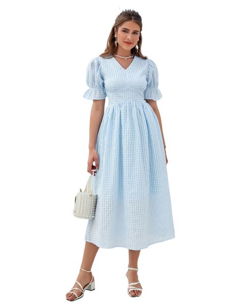 

solid textured puff sleeve dress 632o#, Black;gray