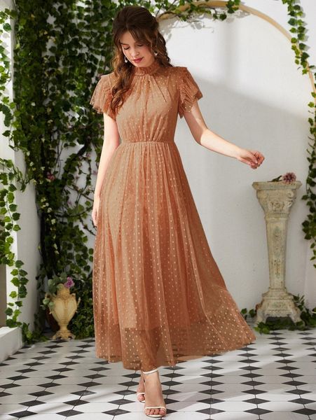 

dobby mesh frill trim butterfly sleeve lace a-line dress s6gs#, Black;gray