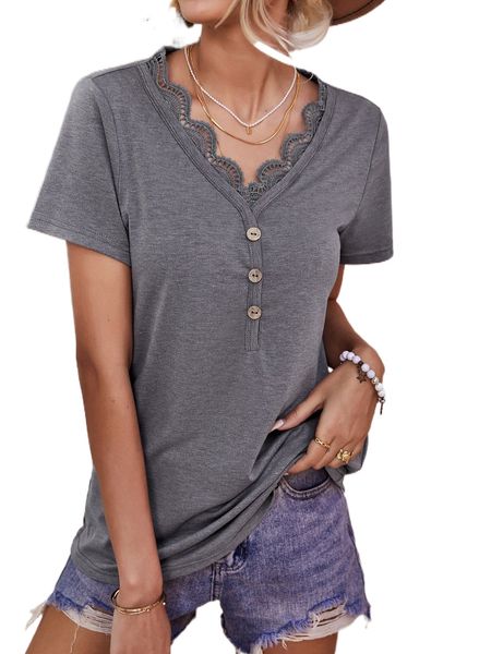 

contrast lace scallop trim fake buttons tee p4zd#, White