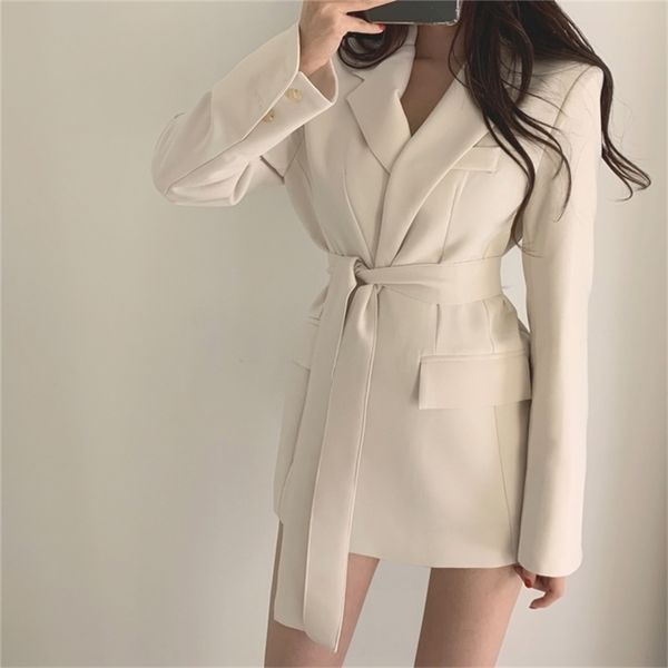 

womens ladies slim suit jackets korean fashion coat lace up waist solid color office blazer y201026, White;black