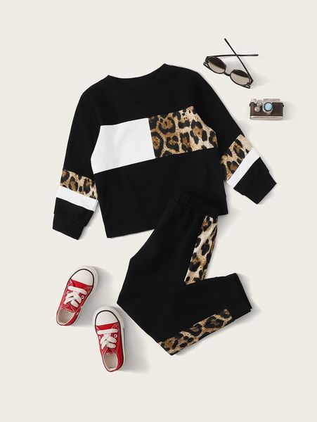 

toddler girls contrast leopard panel sweatshirt & sweatpants she, White
