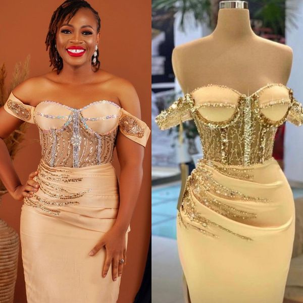 

2022 plus size arabic aso ebi champagne beaded crystals prom dresses sheath evening formal party second reception birthday engagement brides, Black