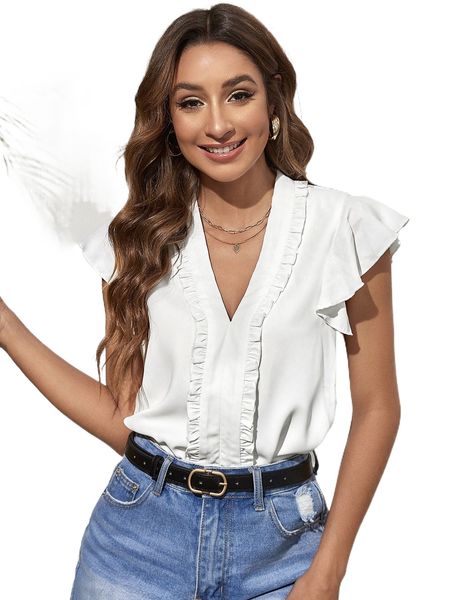 

frill butterfly sleeve blouse 09cn#, White
