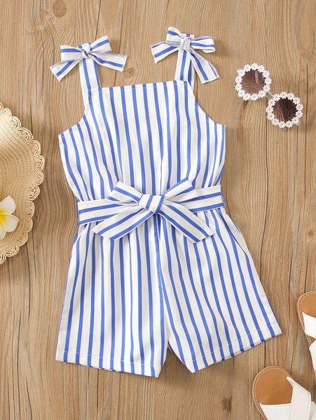 

toddler girls striped tie shoulder belted cami romper she, Blue