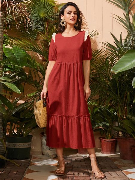 

frill trim ruffle hem smock dress x2fx#, Black;gray
