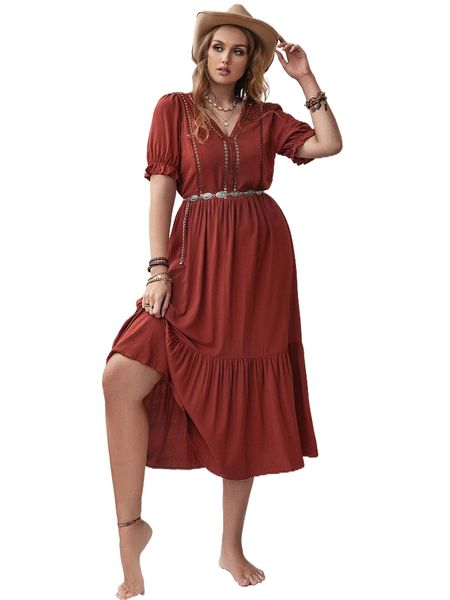 

rusttydustty plus guipure lace insert puff sleeve ruffle hem dress without belt k4yh#, Black