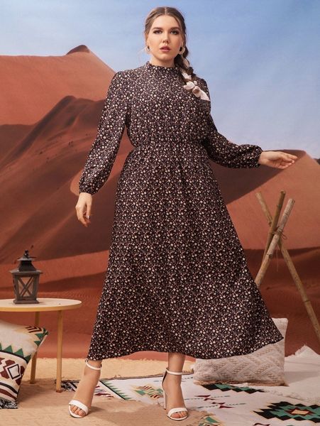 

plus ditsy floral mock neck lantern sleeve dress y4pf#, Black