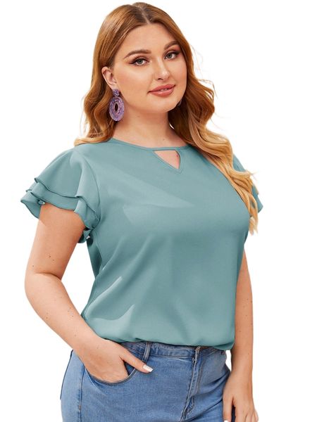 

plus keyhole neck layered flutter sleeve 58n5#, Black