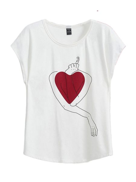 

x risfloat rhinestone gesture & heart print batwing sleeve tee h19d#, White