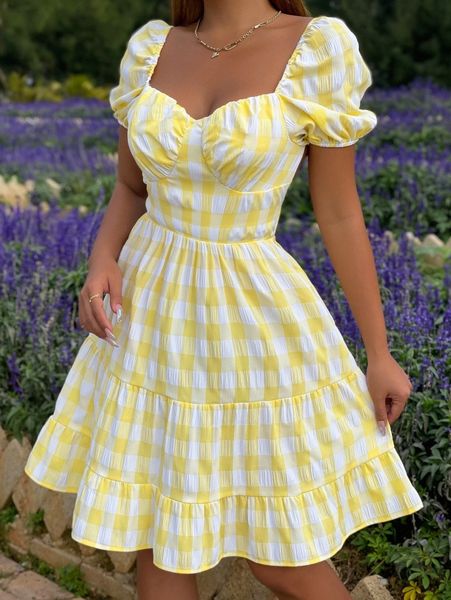 

plaid print ruched bust ruffle hem dress i58e#, Black;gray