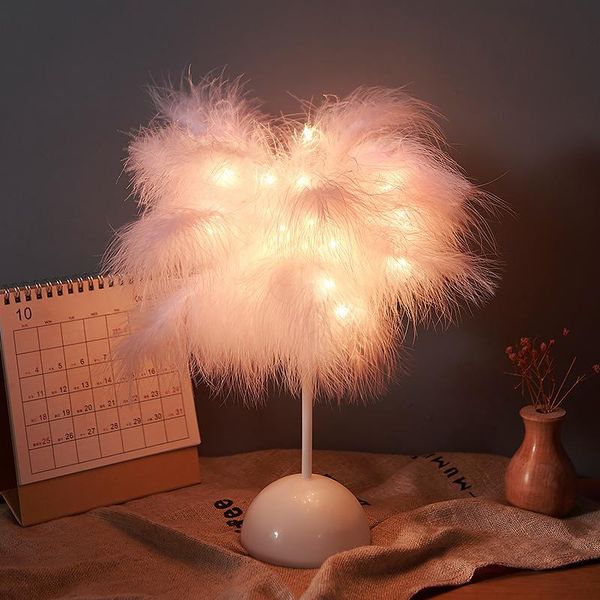 Lâmpadas de mesa Fairy Light Feather Lamp Diy Creative Night Night Tree Battery Battery Wedding Home Bedroom Lampstable Decortable