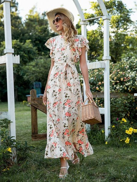 

floral print ruffle trim belted dress m05q#, Black;gray