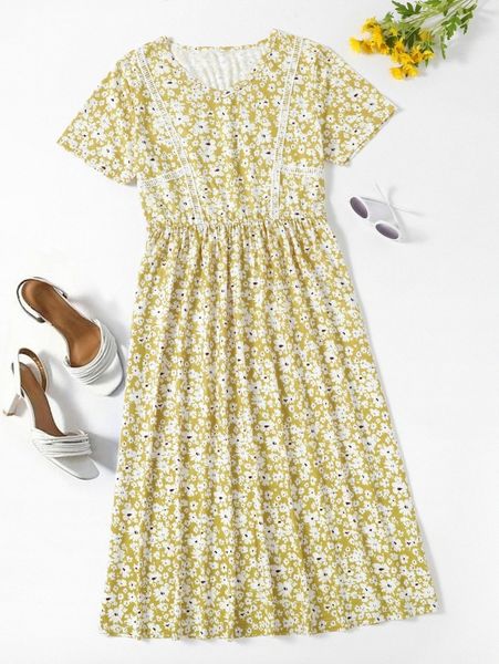 

ditsy floral guipure lace detail dress x07h#, Black;gray