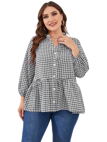 

plus gingham lantern sleeve peplum blouse s58z#, Black