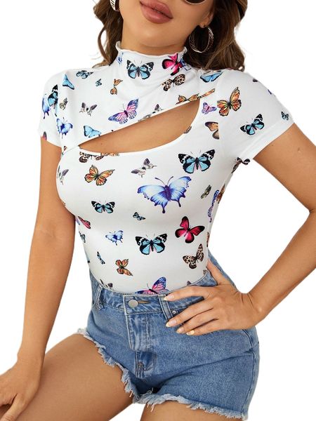 

butterfly print cut out front mock neck tee s1iw#, White