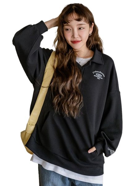

dazy letter embroidery polo neck drop shoulder oversized sweatshirt k04f#, Black