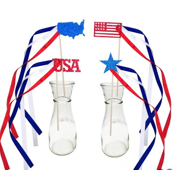 Bacchette per nastro bandiera americana Festa dell'indipendenza USA Striscione in legno satinato Bandiere Streamer Stick Puntelli per feste Decorazioni Blu Bianco Rosso