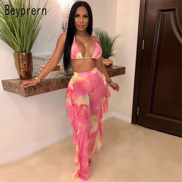 

beyprern unique monokini tie dye matching mesh pants set two pieces women bralette ruffles mesh pant set beach wears, White