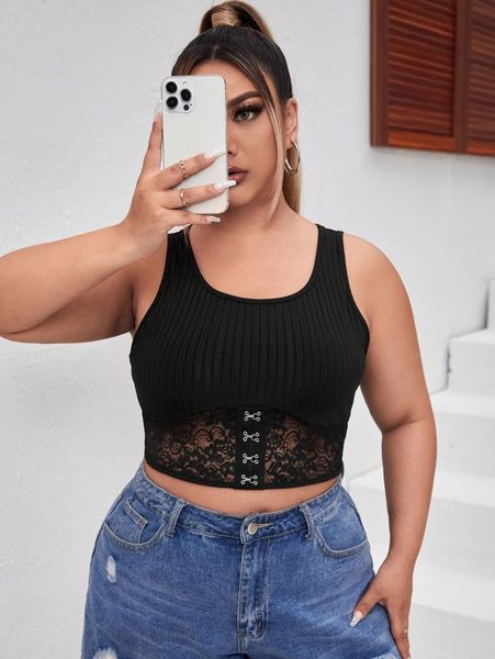 

plus rib-knit contrast lace crop tank u3fq#, Black