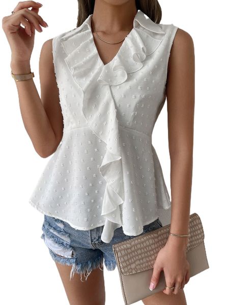 

swiss dot ruffle trim peplum blouse 73yk#, White