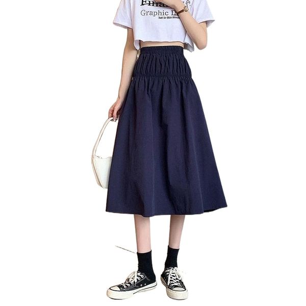 

skirts elastic waist pleated a-line cotton summer skirt vintage casual long midi plus size high harajuku loose z209 c2hc#, Black