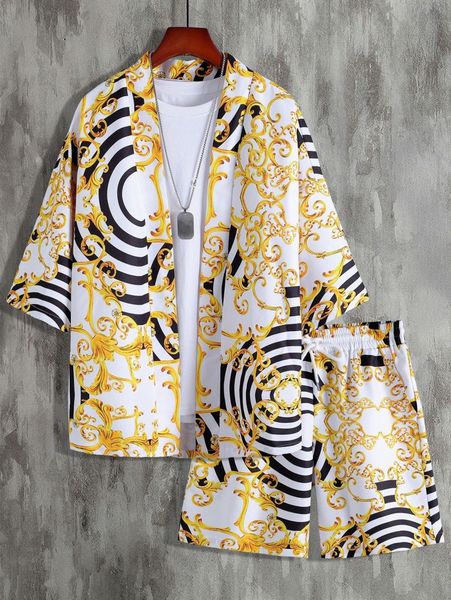 

men random baroque print kimono & shorts without tee q6za#, Gray