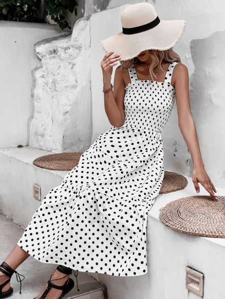 

polka dot shirred ruffle hem cami dress z33a#, Black;gray