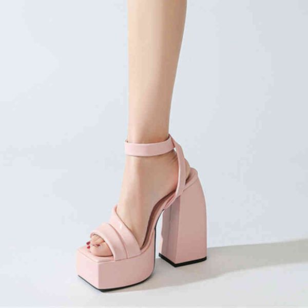 

large size high-heeled women's shoes 2022 spring new one line belt sandals women's thick soled walking sandals, Black