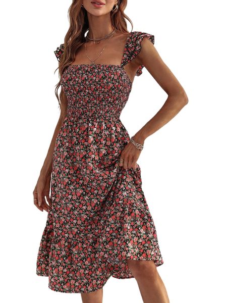 

ditsy floral shirred ruffle hem a-line dress t0n5#, Black;gray