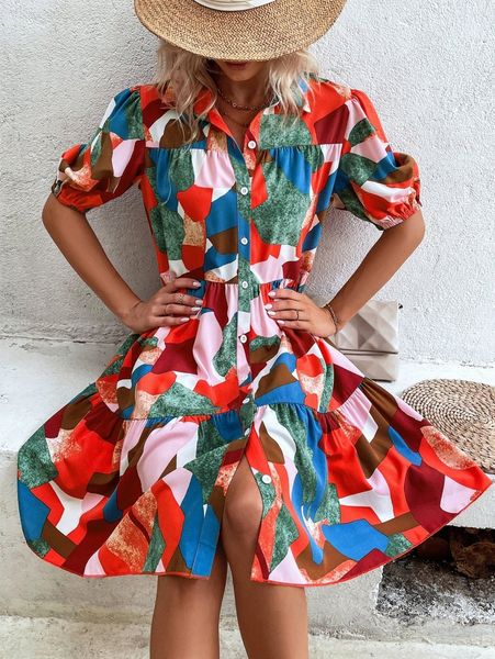 

allover print puff sleeve ruffle hem smock dress y5xl#, Black;gray