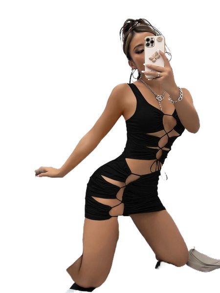 

solid lace up cut out tank dress q7io#, Black;gray