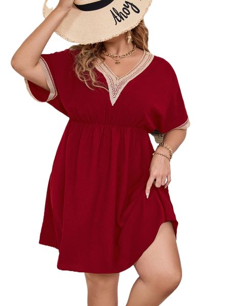 

plus contrast guipure lace dolman sleeve dress j4cz#, Black