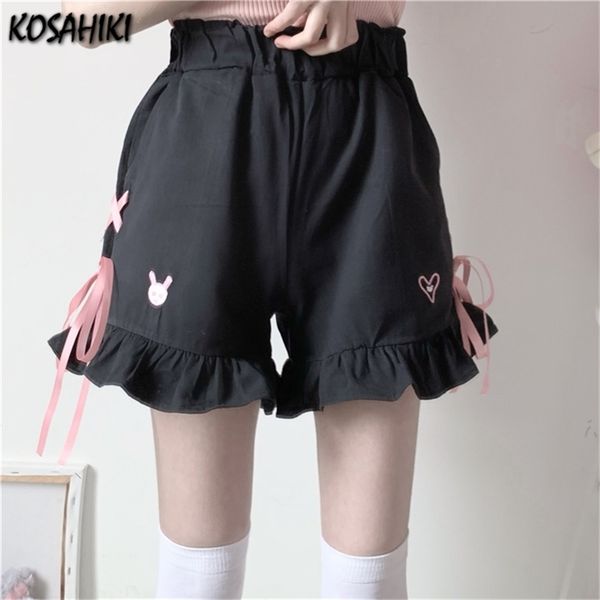 

kosahiki korean style high waist short women summer ulzzang lolita kosahiki goth female loose wide leg kawaii ruffle shorts 220419, White;black