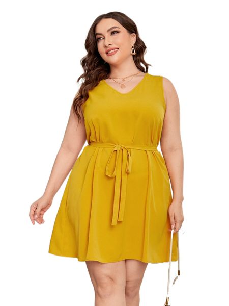 

plus solid belted dress m7ow#, Black