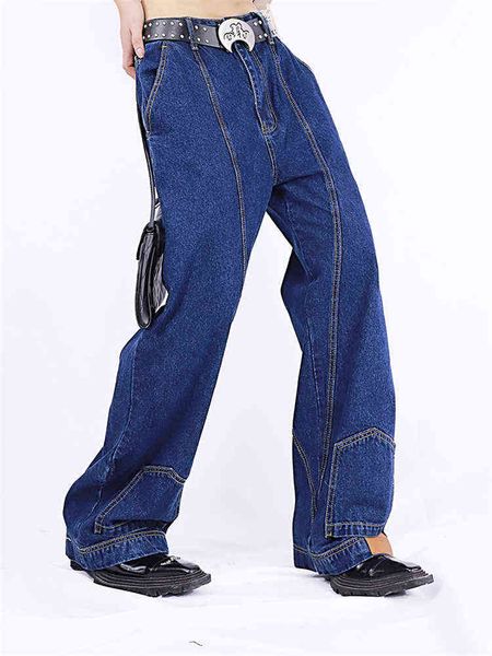 Reverse Wear Design Jeans blu scuro Primavera e autunno da donna Nuovo stile di personalità Pantaloni da papà a gamba larga sottili in denim T220728 femminile