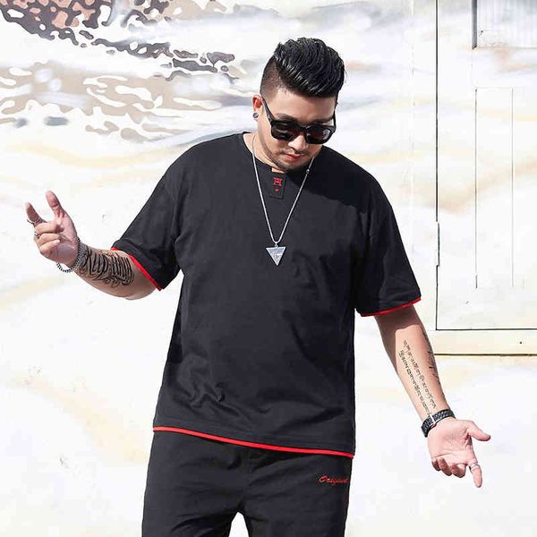 

gxxh fashion menswear plus men's short sleeve fat man loose personality round neck black contrast t-shirt, Black;brown