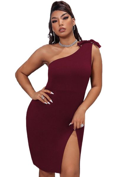 

plus one shoulder knot detail split thigh dress f3a8#, Black