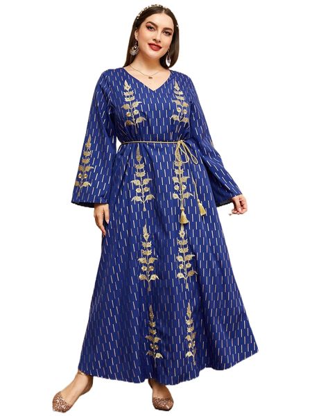 

plus gold print floral embroidery trumpet sleeve tassel belted dress b9i1#, Black