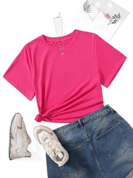 

plus solid round neck tee 76qb#, Black