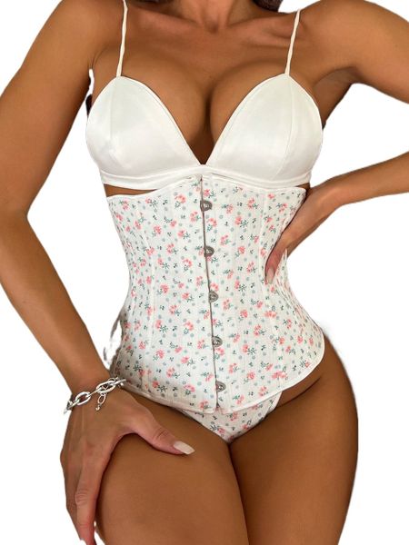 

ditsy floral grommet lace up back thong shapewear set 82dk#, Black;red