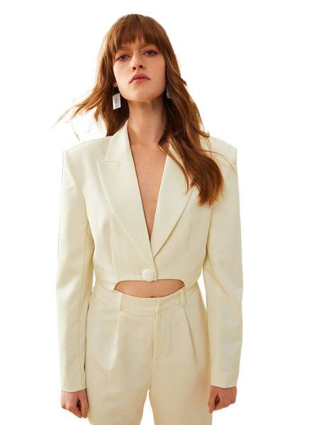 

peak collar button front crop blazer i8uk#, White