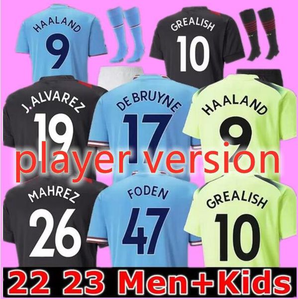 

22 23 haaland soccer jerseys grealish mans cities mahrez fans player version de bruyne foden 2022 2023 football shirt kids kit sets uniform, Black;yellow