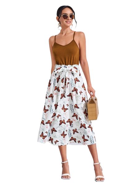 

butterfly & plant print crisscross back cami dress u55u#, Black;gray