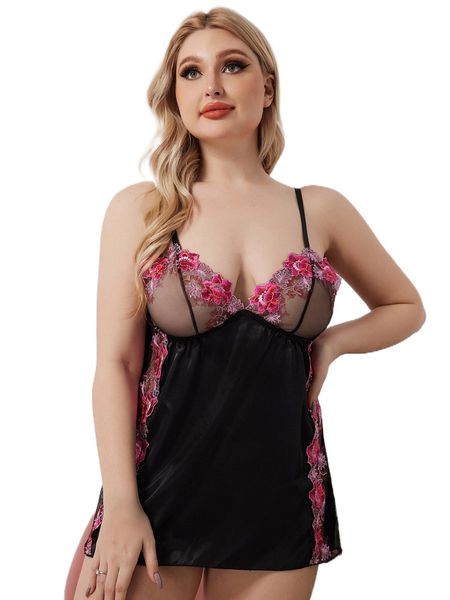 

plus contrast mesh embroidery slips with thong 66wq#, Black;white