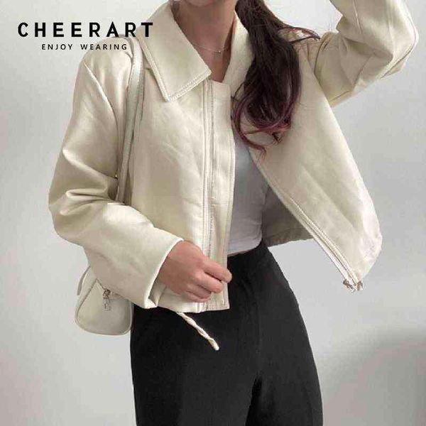 

cheerart beige faux leather jackets for women 2021 black zippers cropped coat korean fall shirt jacket outerwear clothing l220728