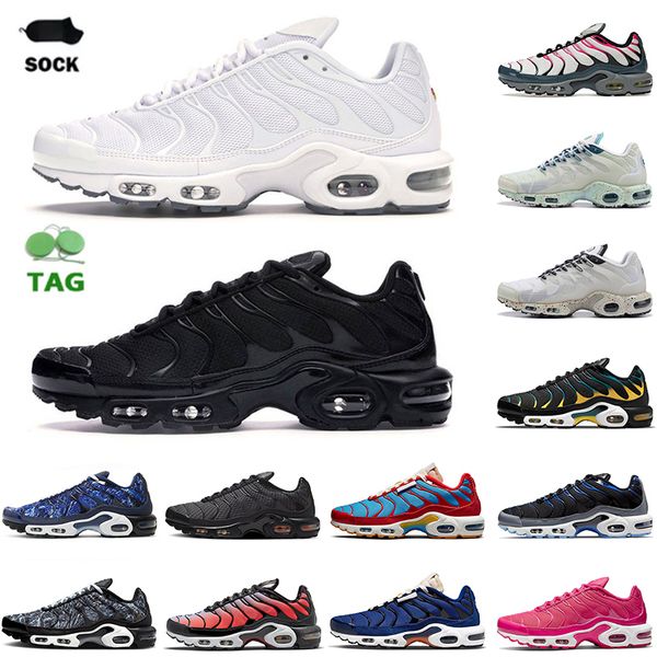 

all white triple black tn plus se running shoes mens women cushion sneakers sports leather mesh breathable blue red pink midnight navy terra