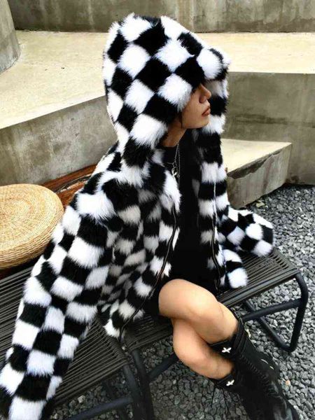 

fashion women's black white checkerboard pattern faux fur warm coat hooded furry fur winter clothes m201 t220816