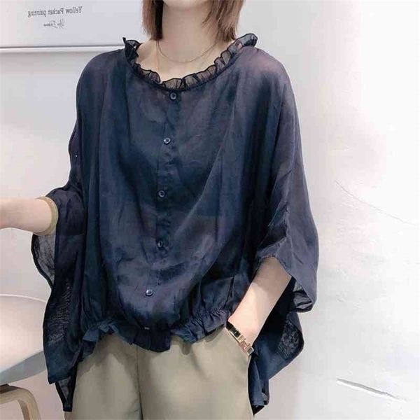 

summer arts style women batwing sleeve loose shirts vintage cotton linen casual blouses big size femme blusas m145 210326, White